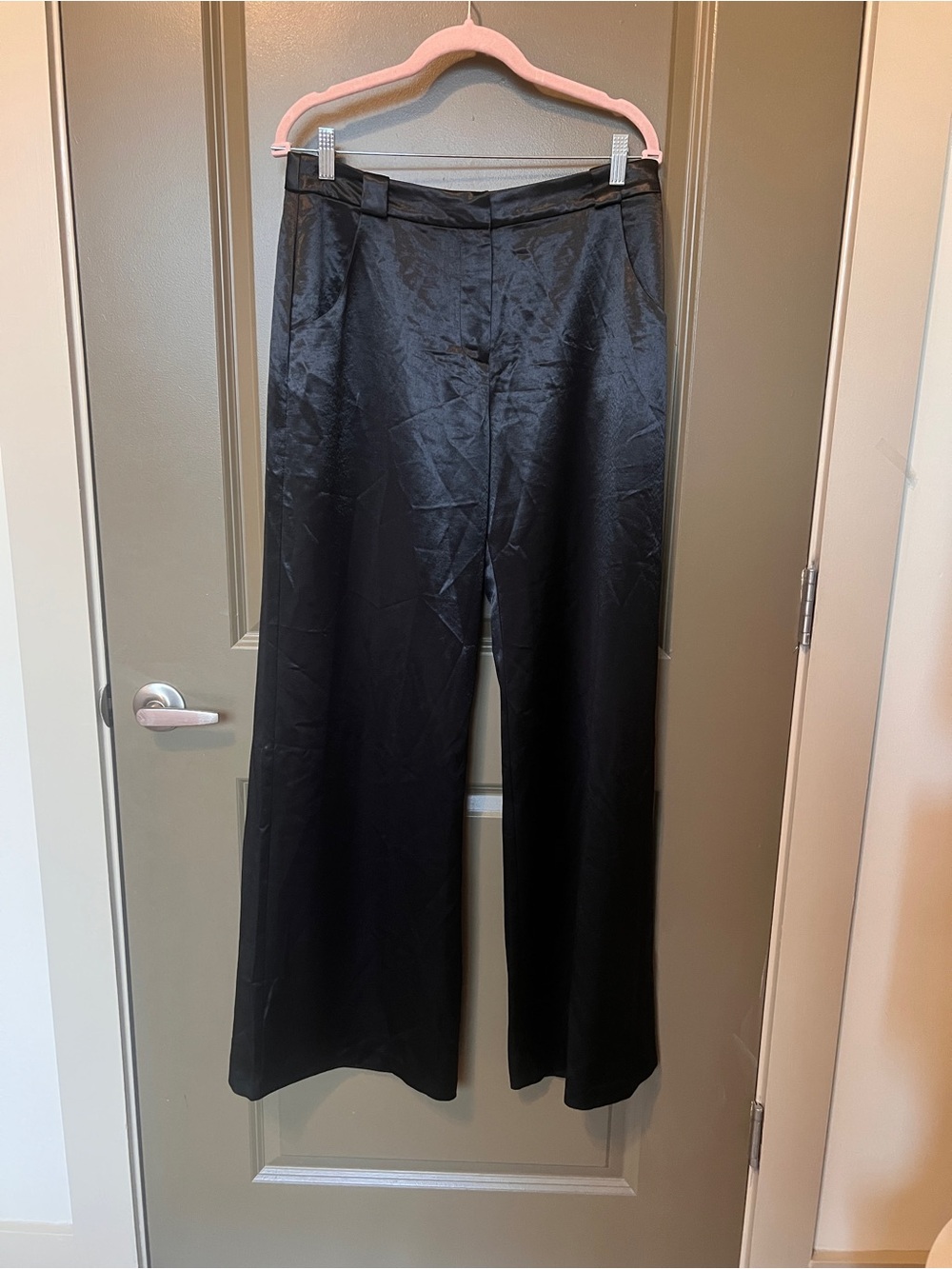 Amanda Uprichard Black Satin Wide-Leg Trousers